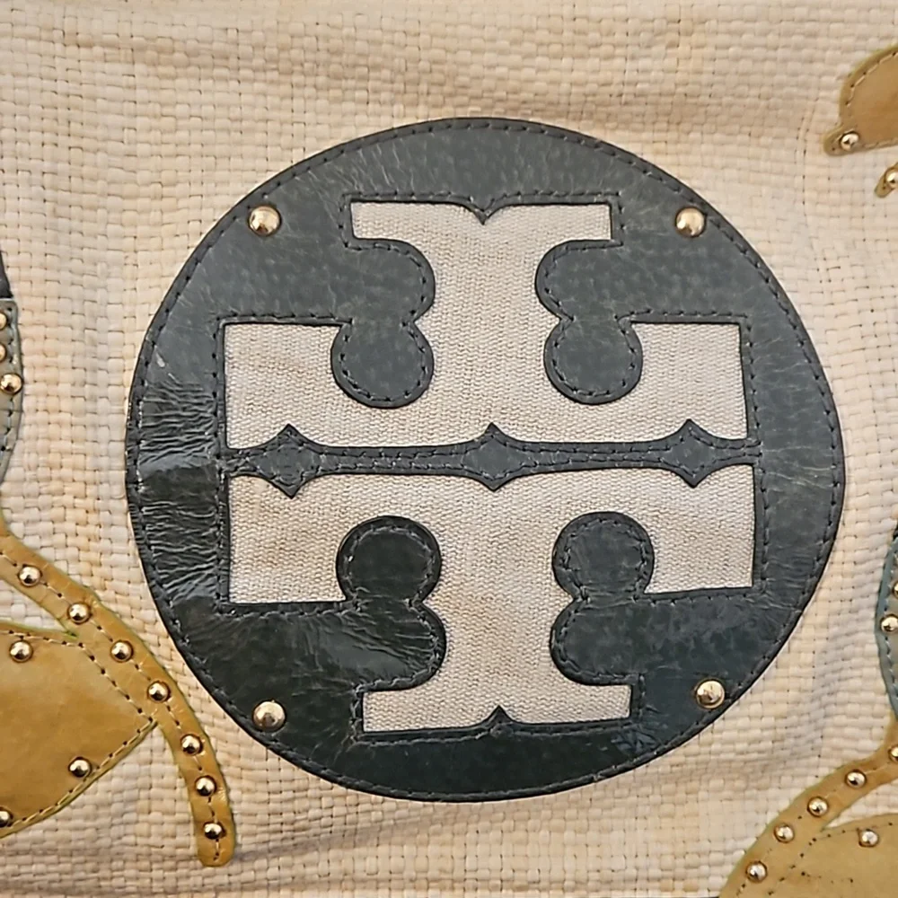 Tory Burch Cream Canvas Tote with Black Trim and Multicolor Butterfly Appliqués